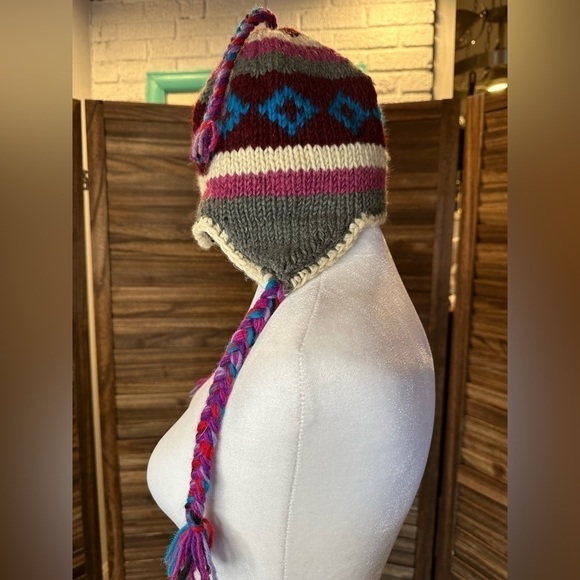 Nepal 100% Wool Knit Stripped Earflap Beanie Ski Hat Cap Fleece Lined Geometric - Picture 4 of 8
